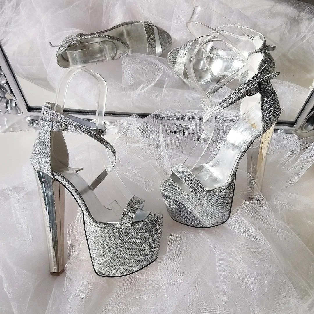 Ankle Strap Silver Shimmer 19 cm High Heel Platform Shoes