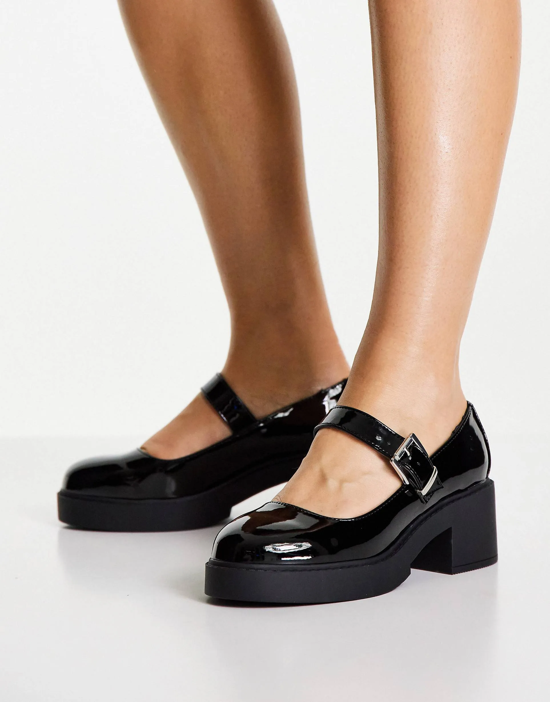 Asos Sebi Black Patent Fashion Buckle Mary Jane Rounded Toe Chunky Heel Loafers 7