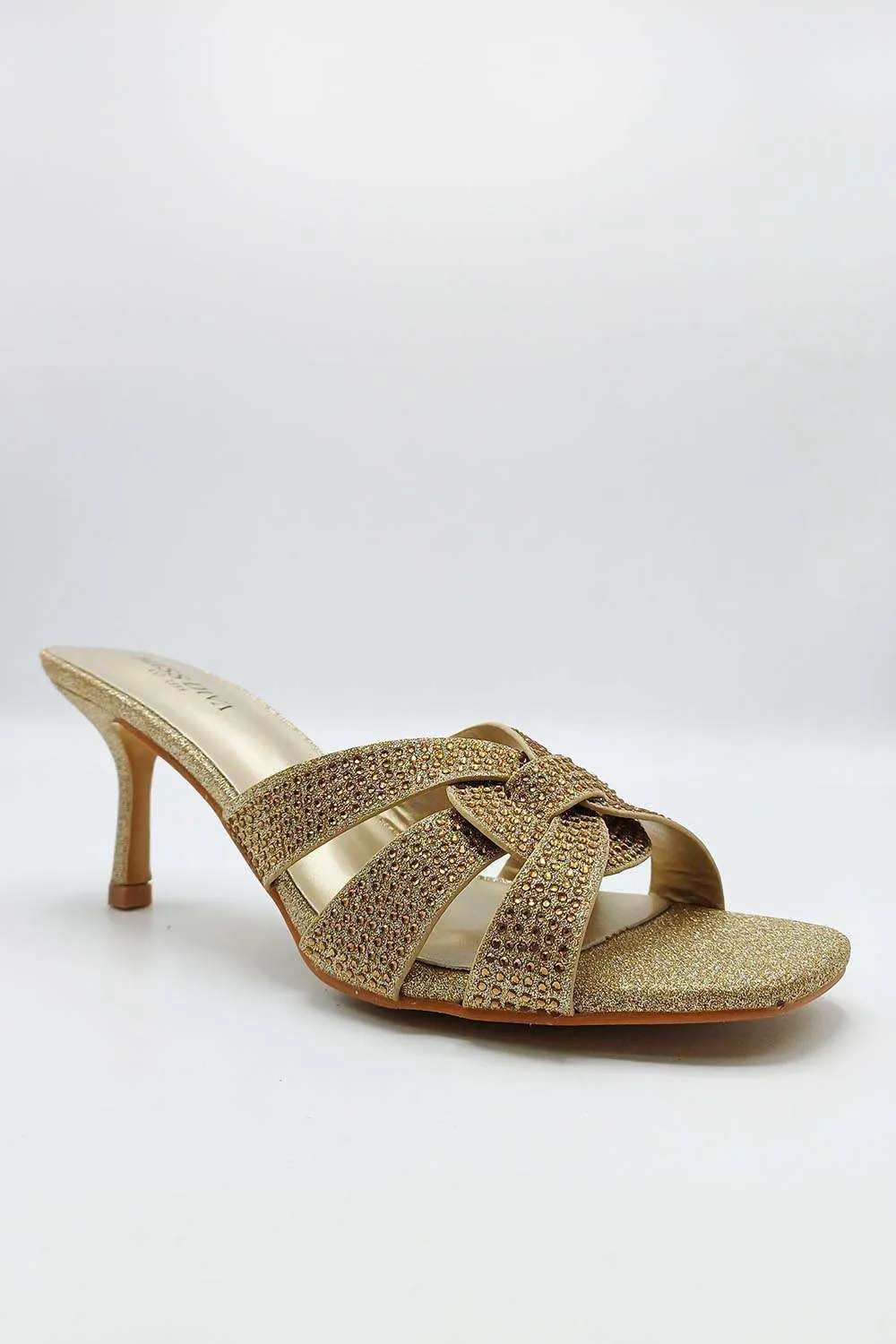 Aurelia Diamante Embellished 3 Strap Mule in Gold