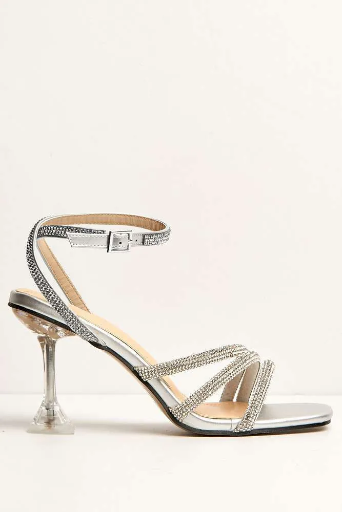 Azura Perspex Heel Diamante Embellished Anklestrap Sandals in Silver