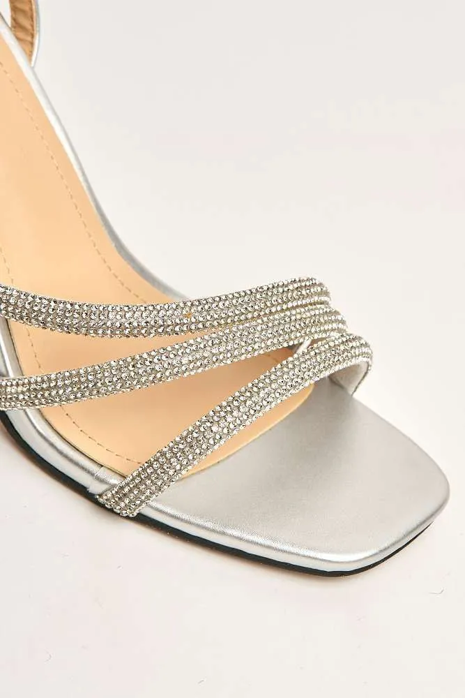 Azura Perspex Heel Diamante Embellished Anklestrap Sandals in Silver