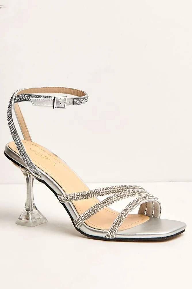 Azura Perspex Heel Diamante Embellished Anklestrap Sandals in Silver