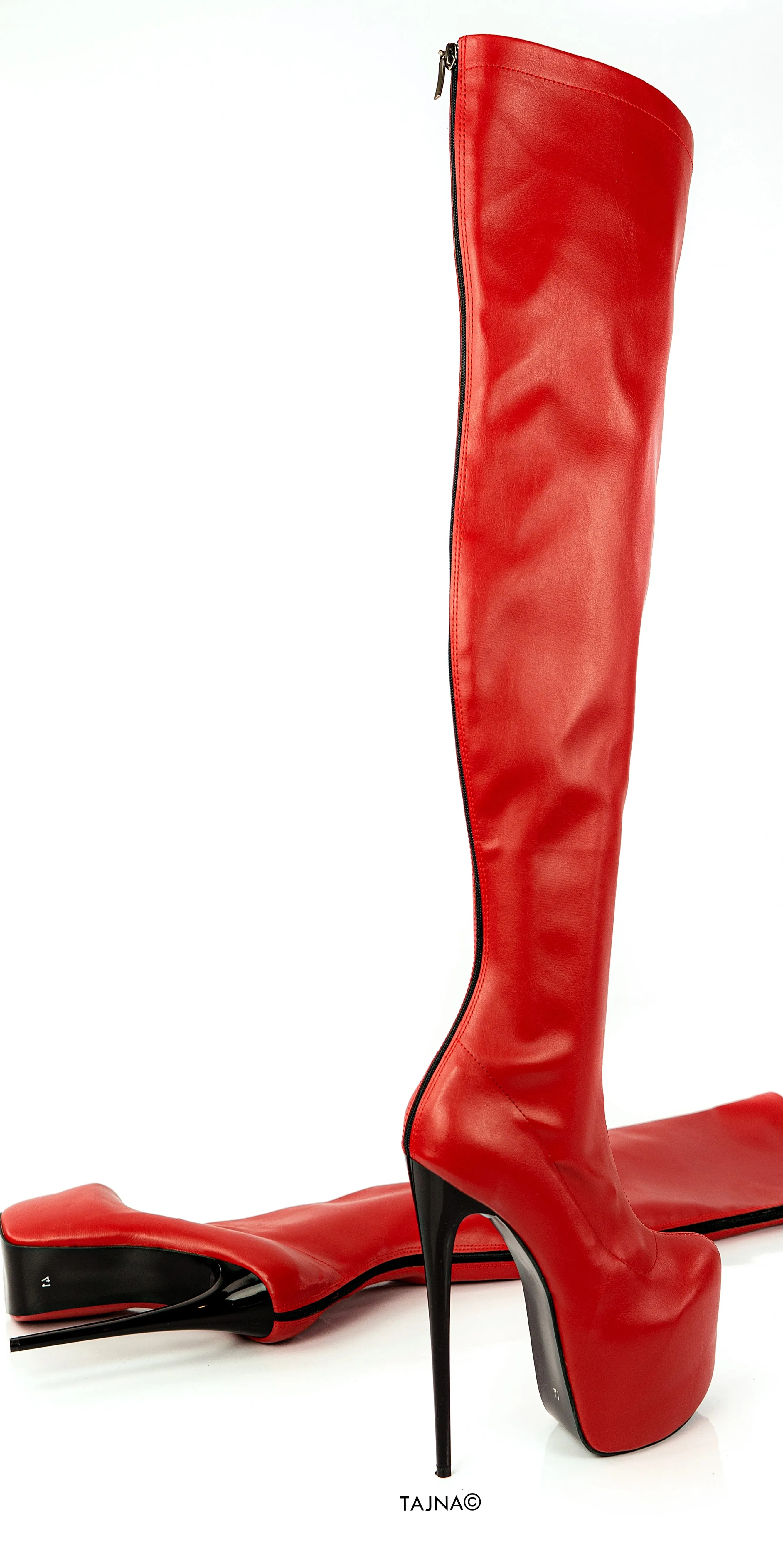 Back Zipper Red Over Knee Heel Boots