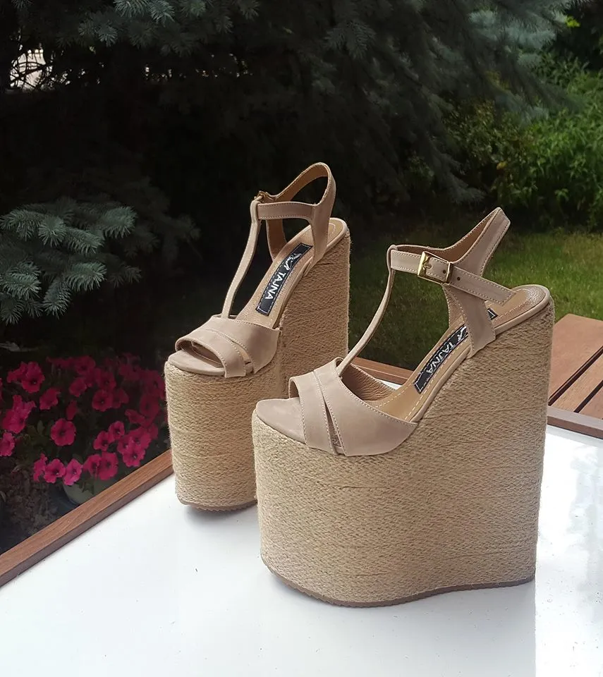 Beige Espadril 20 cm High Heel Wedge Sandals