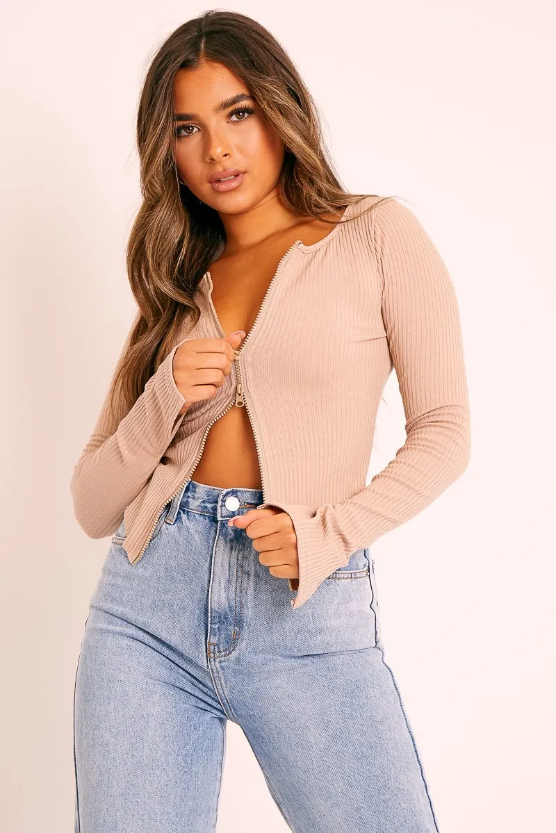 Beige Ribbed Zip Front Top - Jamoni