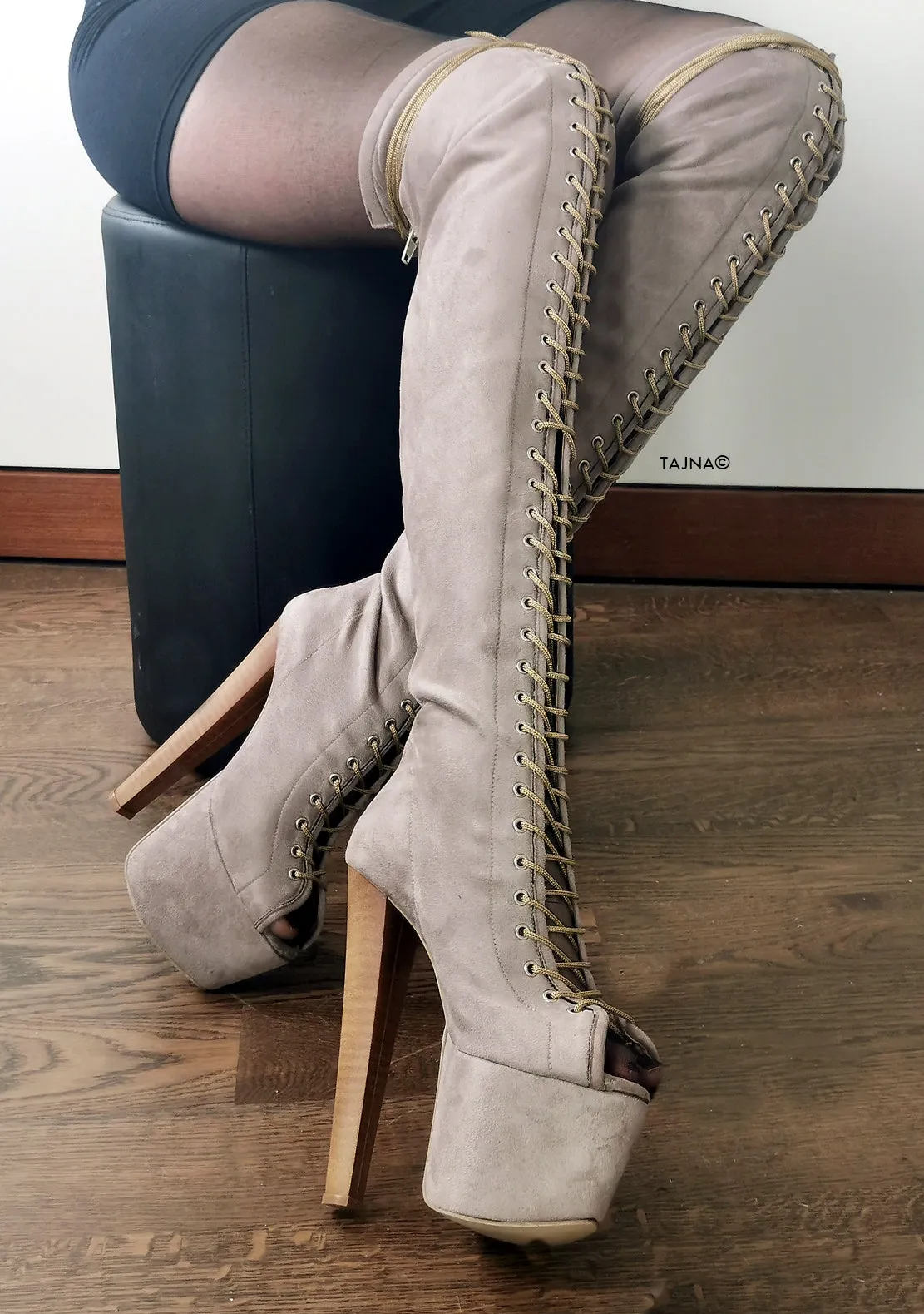 Beige Suede Gladiator Lace Up Thigh High Boots