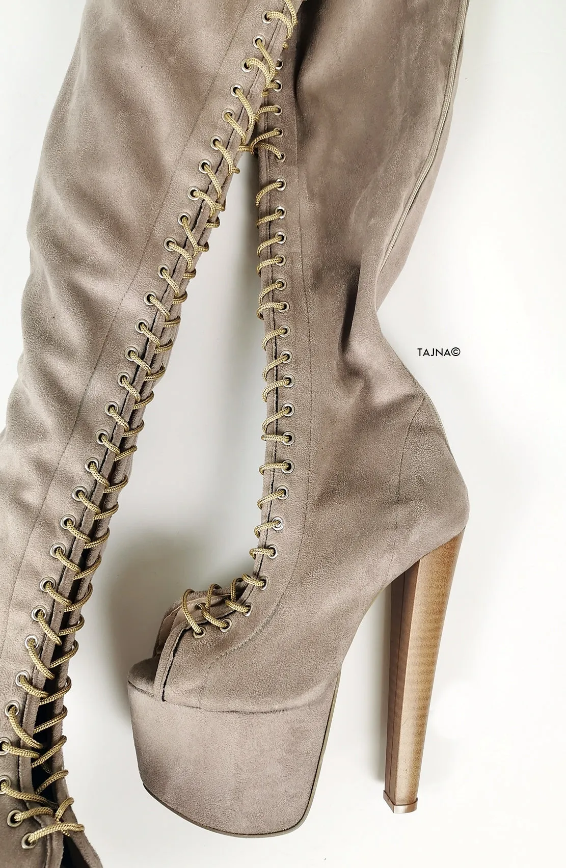 Beige Suede Gladiator Lace Up Thigh High Boots