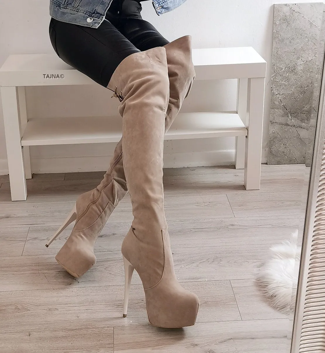 Beige Suede High Heel Over the Knee Boots