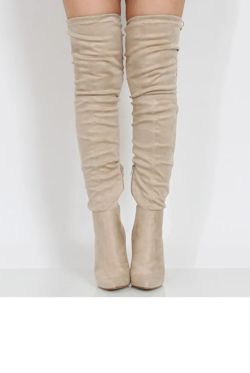 Beige Suede Over the Knee Drawstring Stiletto Boots - Avery