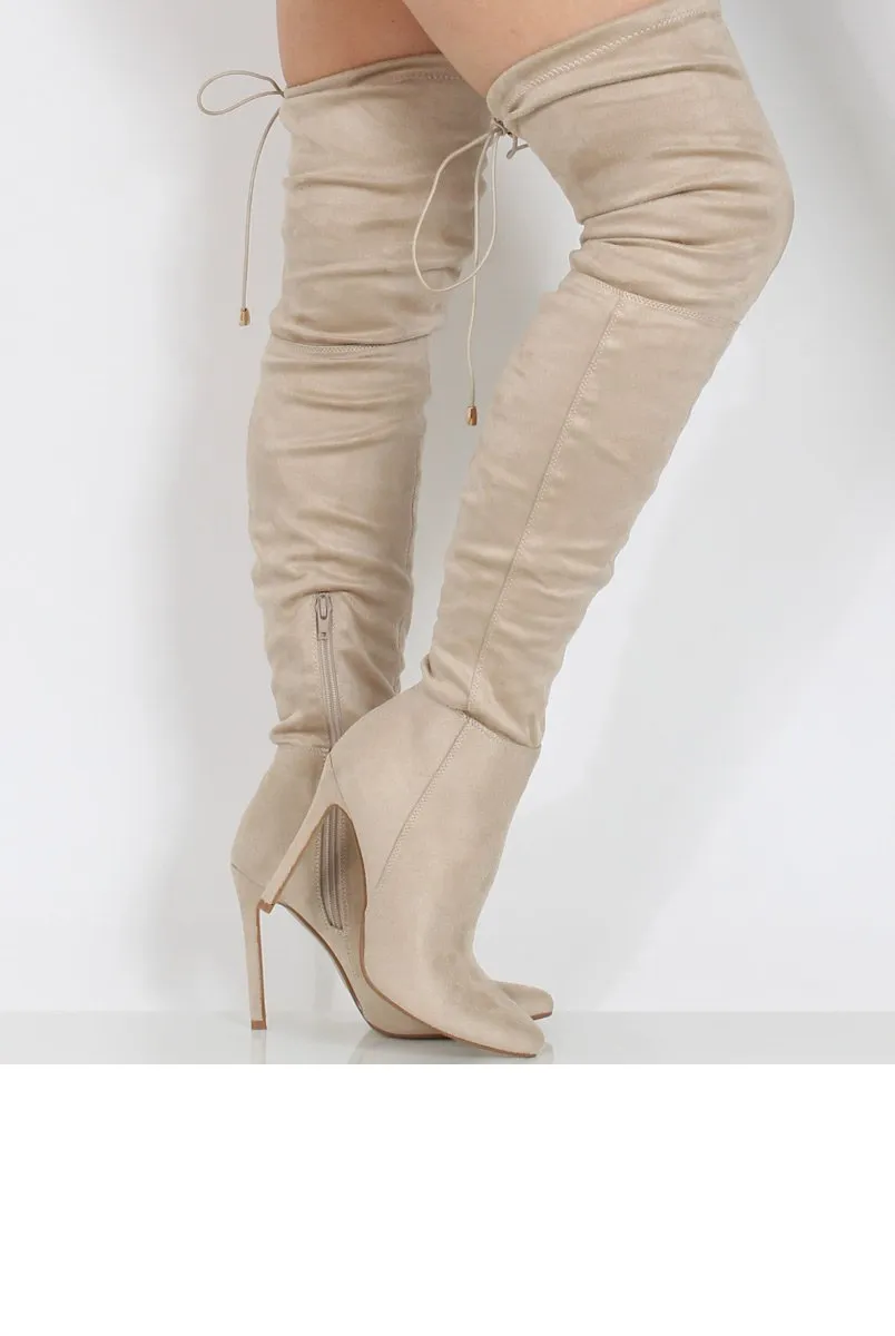 Beige Suede Over the Knee Drawstring Stiletto Boots - Avery