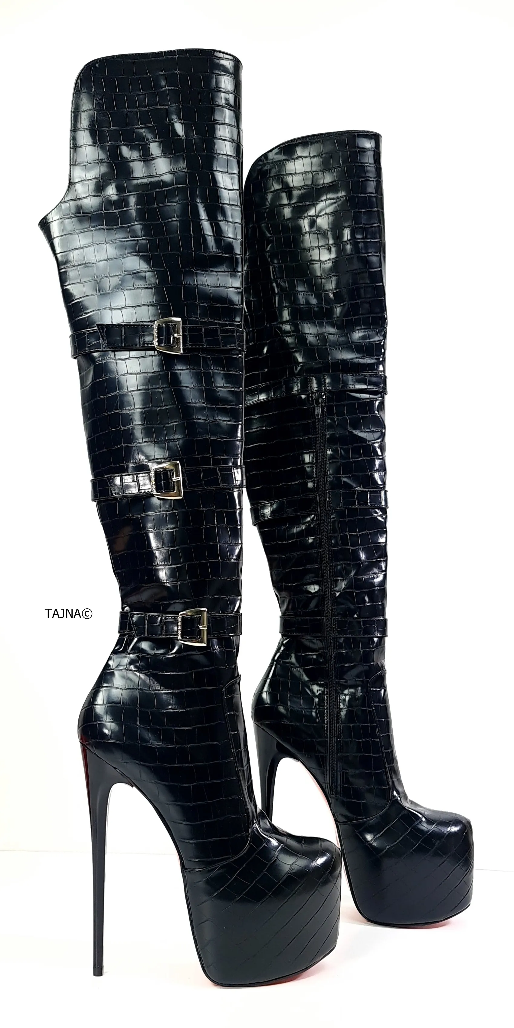 Black Croco Belted Over Knee High Heel Boots