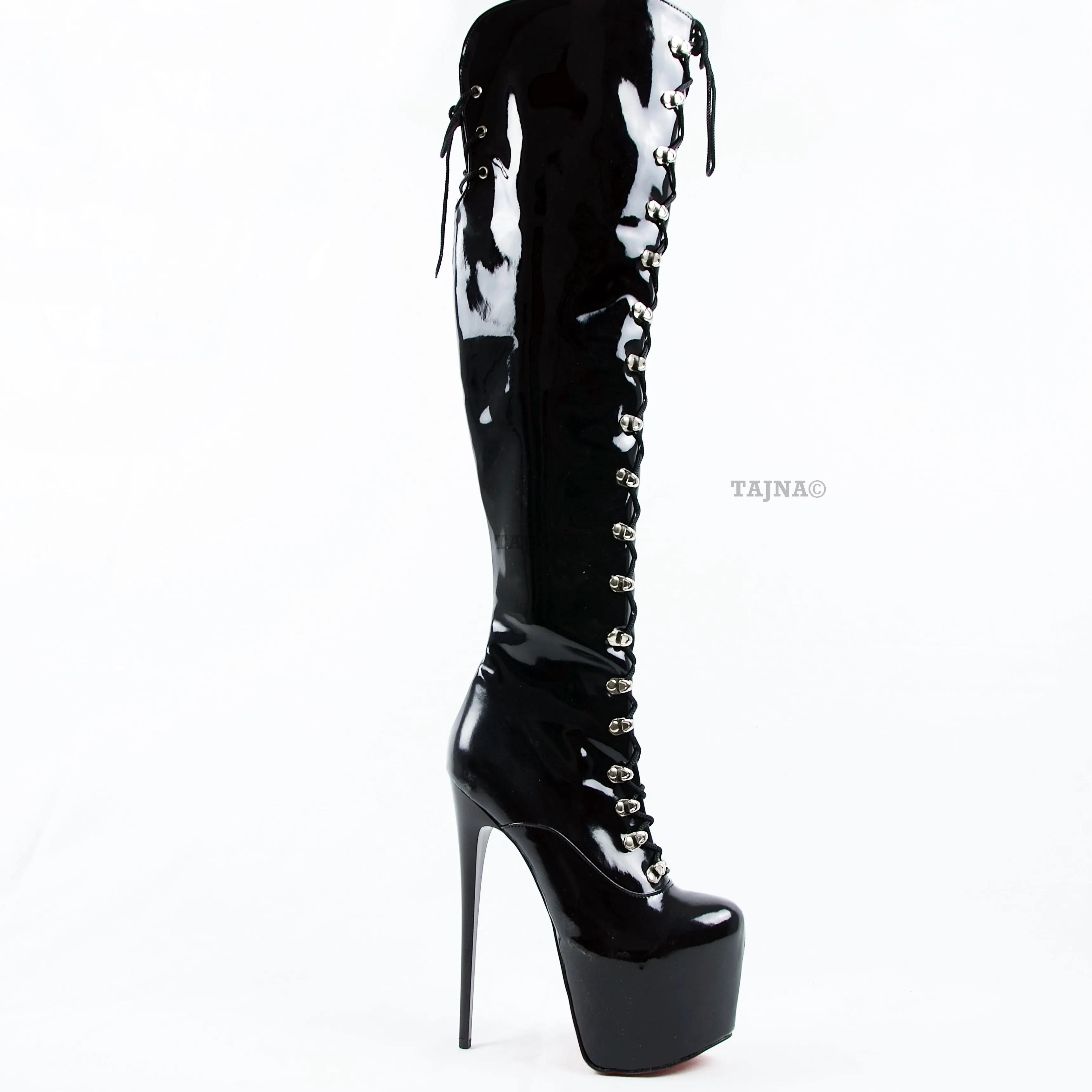 Black Gloss Lace Up Military Style Heel Boots