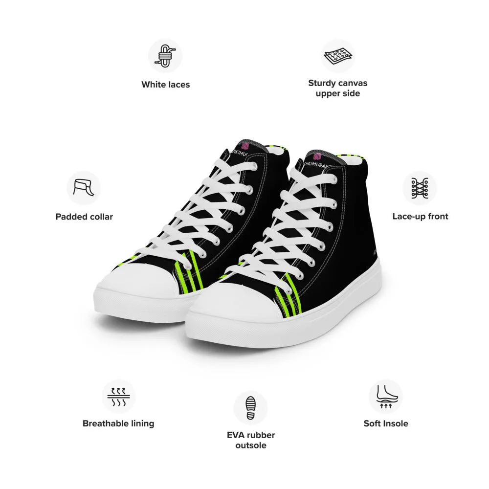 Black Green Striped Men's Sneakers, Vertical Stripes Premium High Top Tennis Shoes For Men