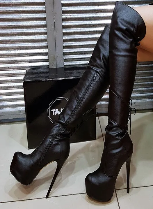 Black Knee High Pencil Heel Boots