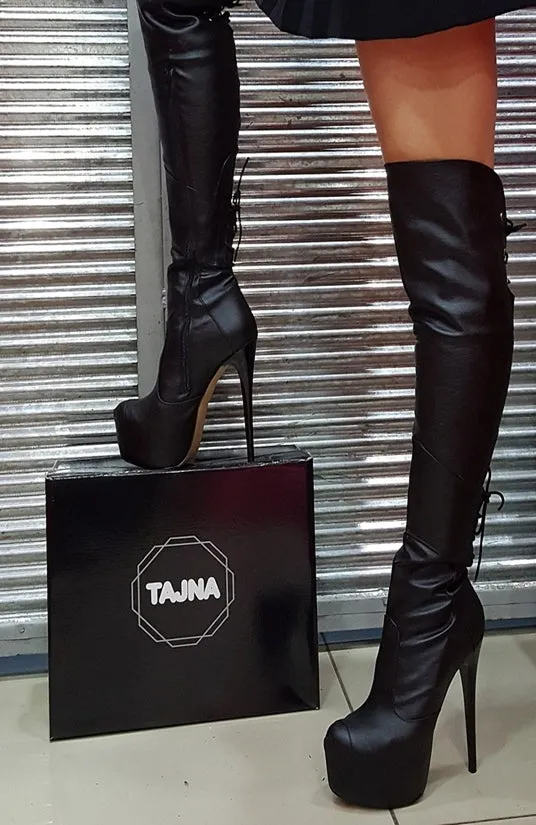 Black Knee High Pencil Heel Boots