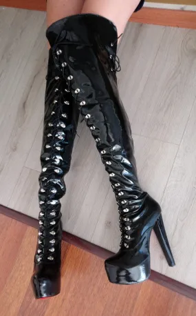 Black Patent Leather Military Style Over Knee Boots