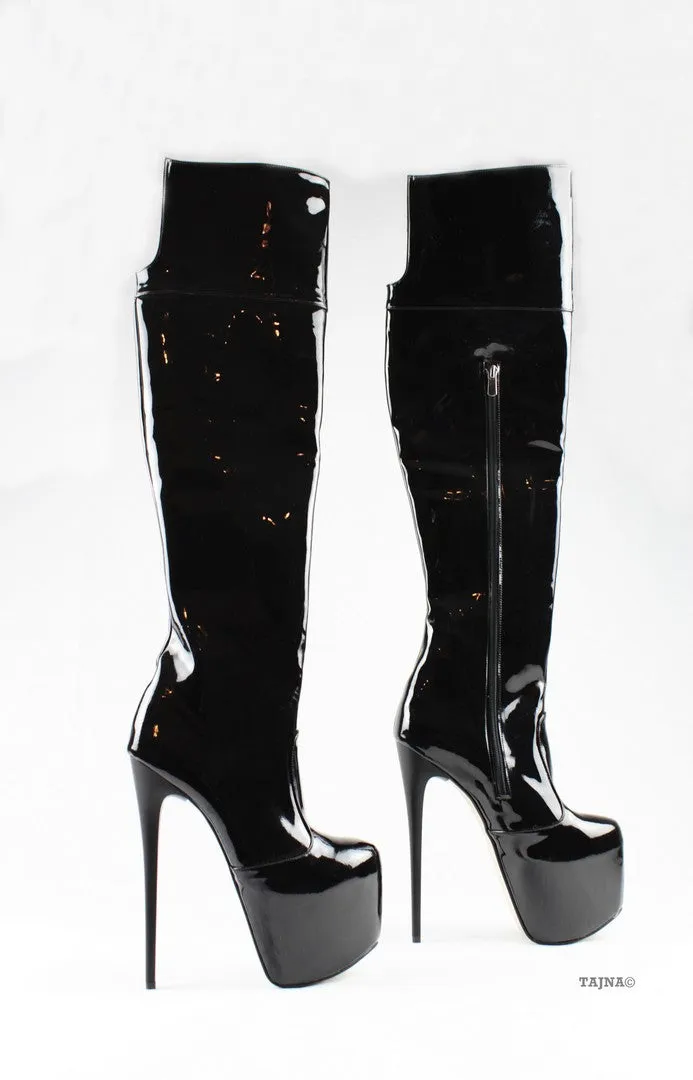 Black Patent Platform Knee High Boots