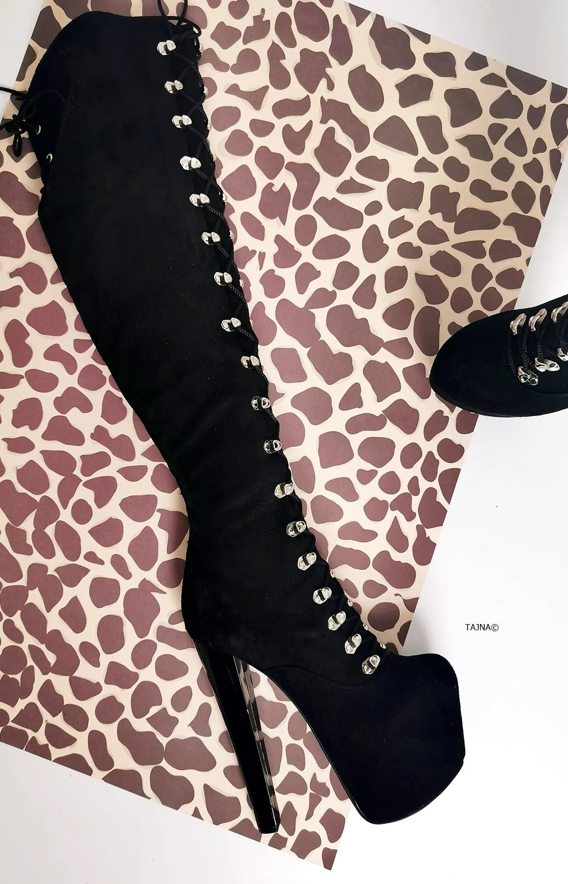 Black Suede Military High Heel Over Knee Boots