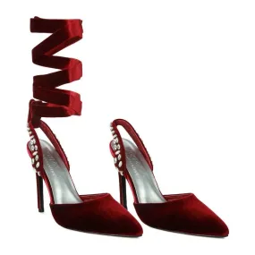 Burgundy Velvet Diamante Stud Tie Up Heels