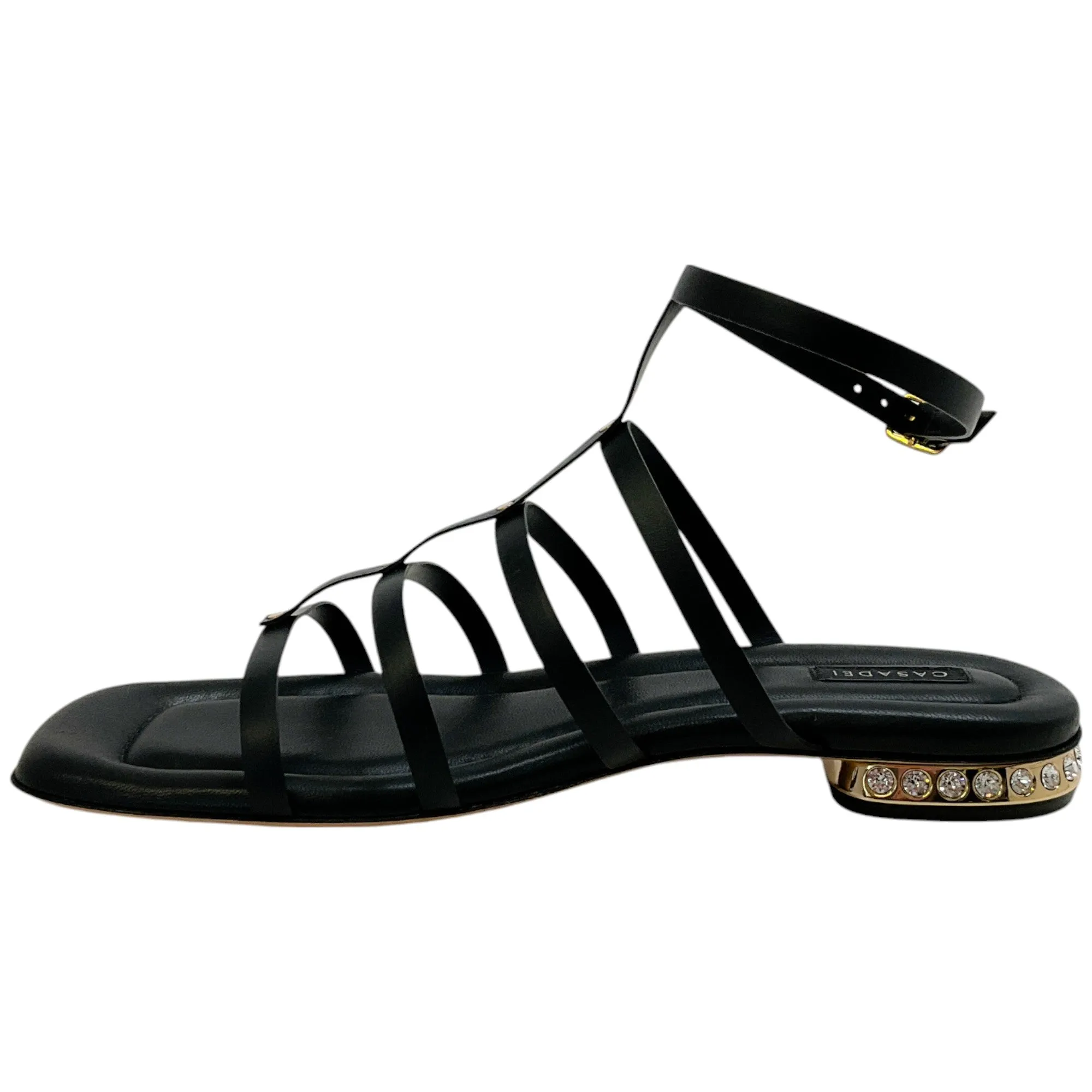 Casadei Black Leather Flat Gladiator Sandals with Crystal Heel