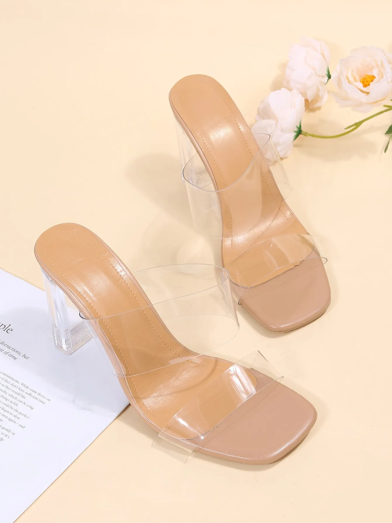 Clear Strap Chunky Heeled Mule Sandals