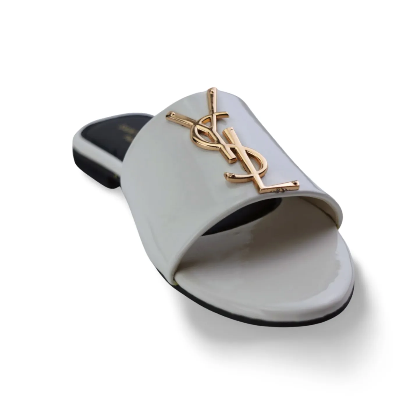 Designer White Sandals with Gold Brand Logo buckle