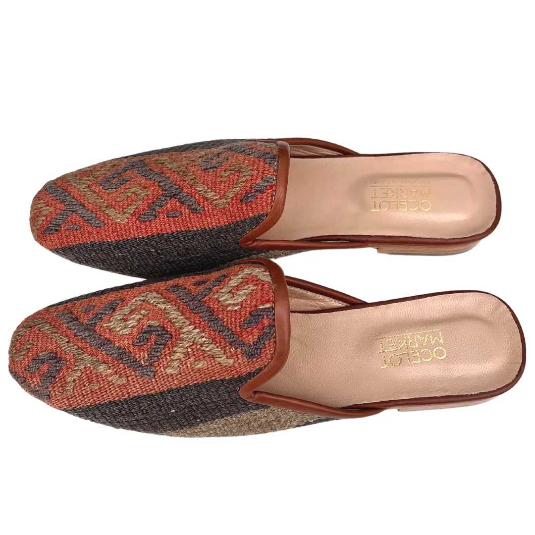 Men's Turkish Kilim Mule Muted Grey & Red