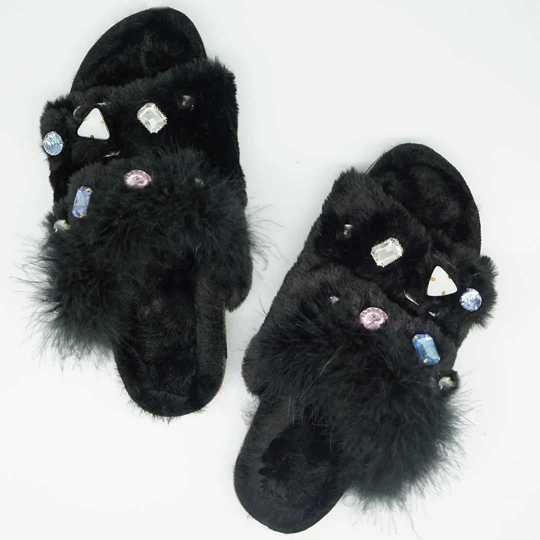 Shearling Fur Slide with feather and rhinestones - Black Flat Sandals