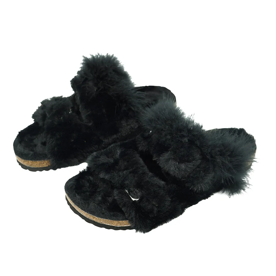 Shearling Fur Slide with Feather - Black Flat Women's Sandals