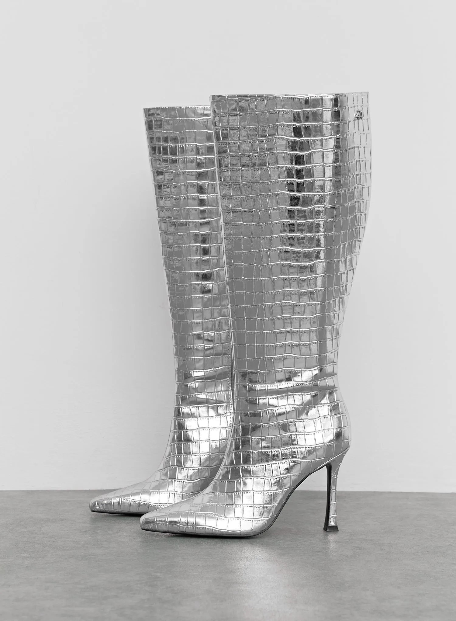 Silver Metallic Croc Knee High Heeled Boot - Amelie