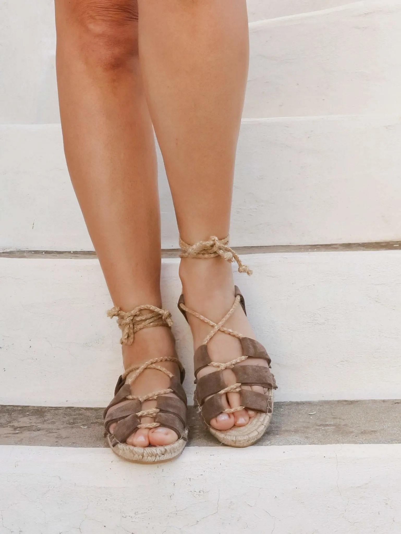 Suede Gladiator Sandals - Beige- Classic Sole