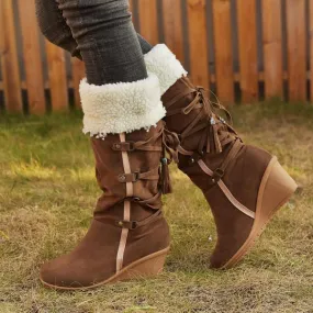 Women'S Autumn Winter Lace-Up Wedge Heel Snow Boots 59941453