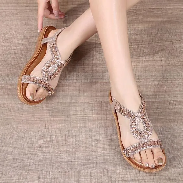 Women's Casual Beaded Round Toe Flat Sandals 83146633C