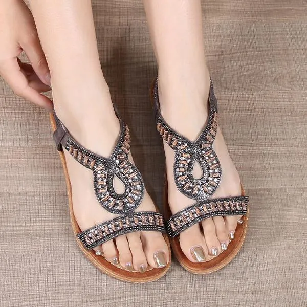 Women's Casual Beaded Round Toe Flat Sandals 83146633C