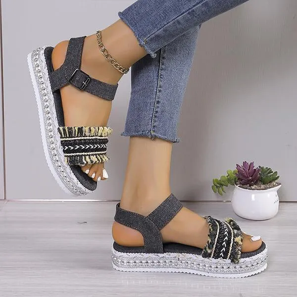 Women's Casual Ethnic Style Tassel Thick Sole Sandals 59009300S