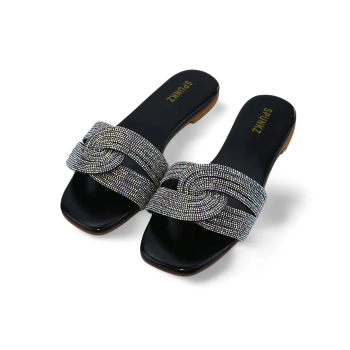 Women's Flat Sandals with Side Knot and Rhinestone Mesh Detail