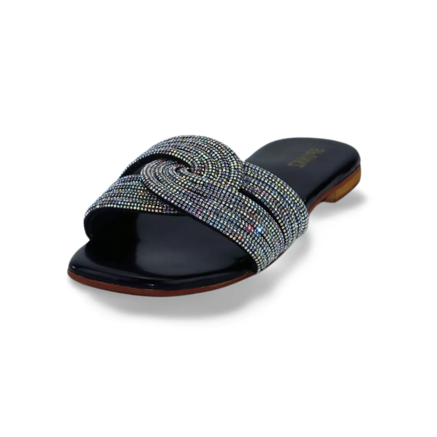 Women's Flat Sandals with Side Knot and Rhinestone Mesh Detail