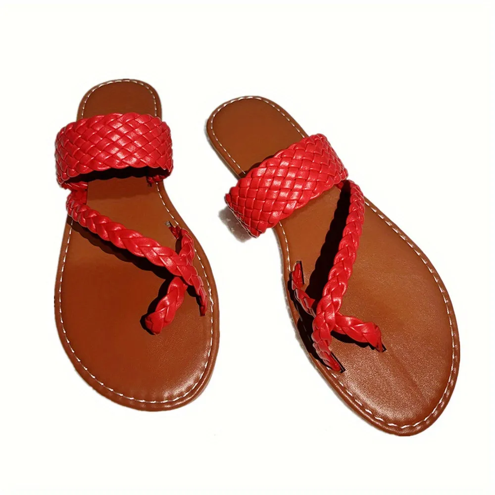 Women's Flat Slide Weave Detail Thong Braided Vamp Beach Slippers